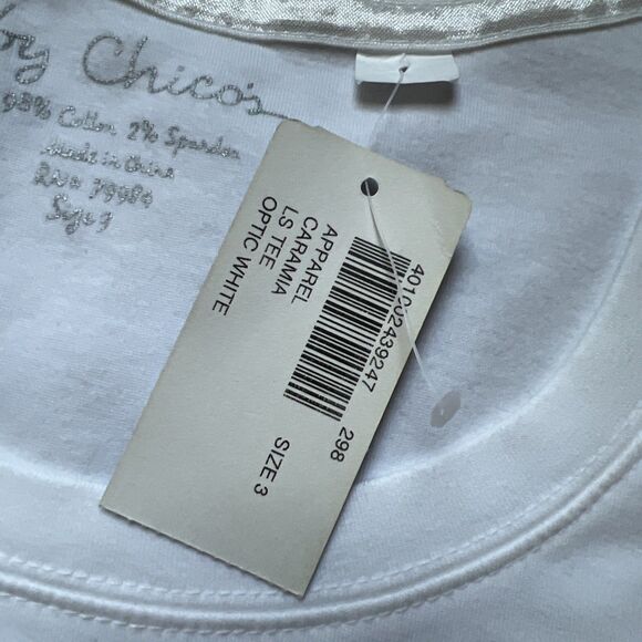 Chicos NWT Long Sleeve Round Neck T Shirt Womens Size 3 White Stretch Classic - Picture 3 of 8